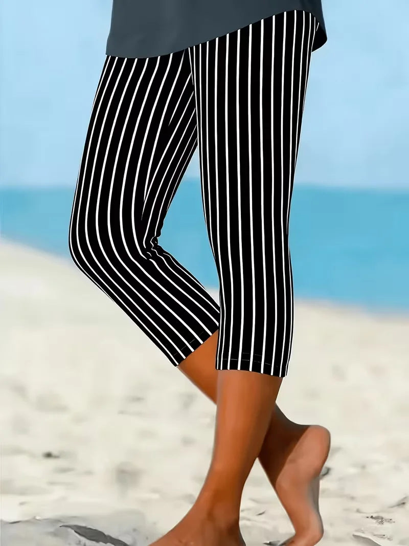 Leggings casual capri de corte recto de rayas de viscosa