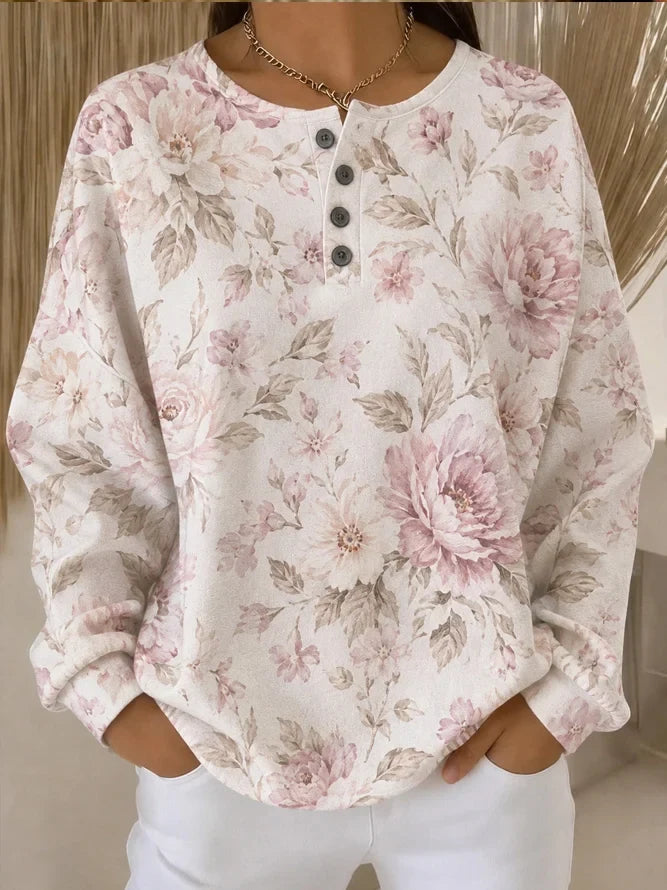 Top vintage de flores con cuello henley y manga larga