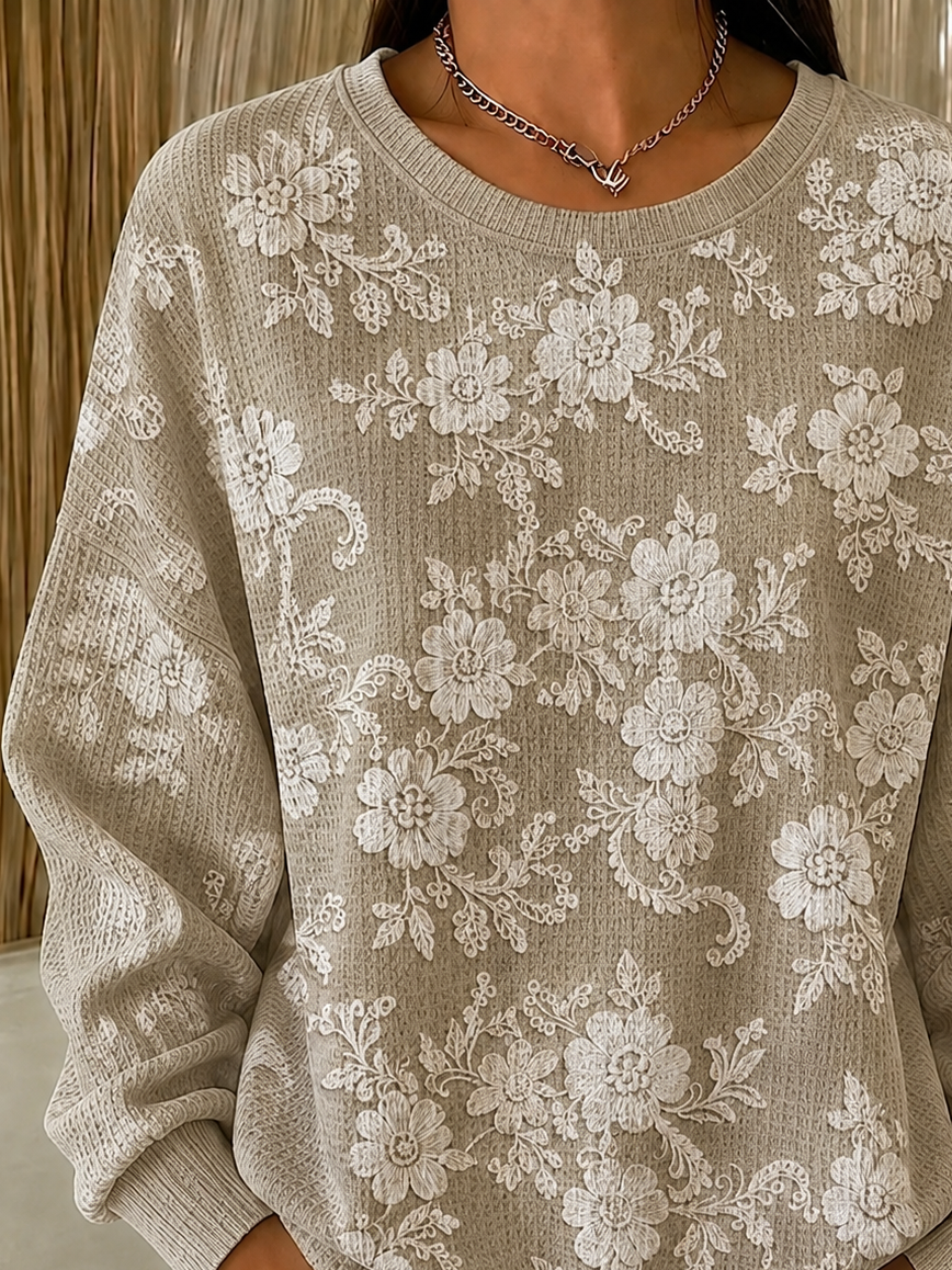 Sudadera de flores de encaje caqui con cuello redondo y manga larga — foto 2