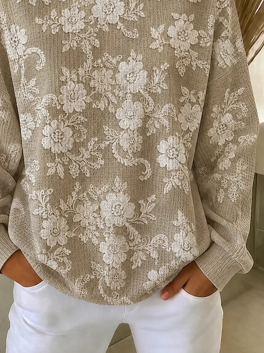 Sudadera de flores de encaje caqui con cuello redondo y manga larga — foto 3