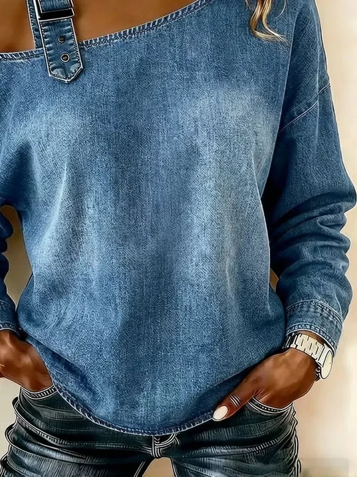 Top vaquero azul con hombros descubiertos, manga larga y hebilla — foto 3