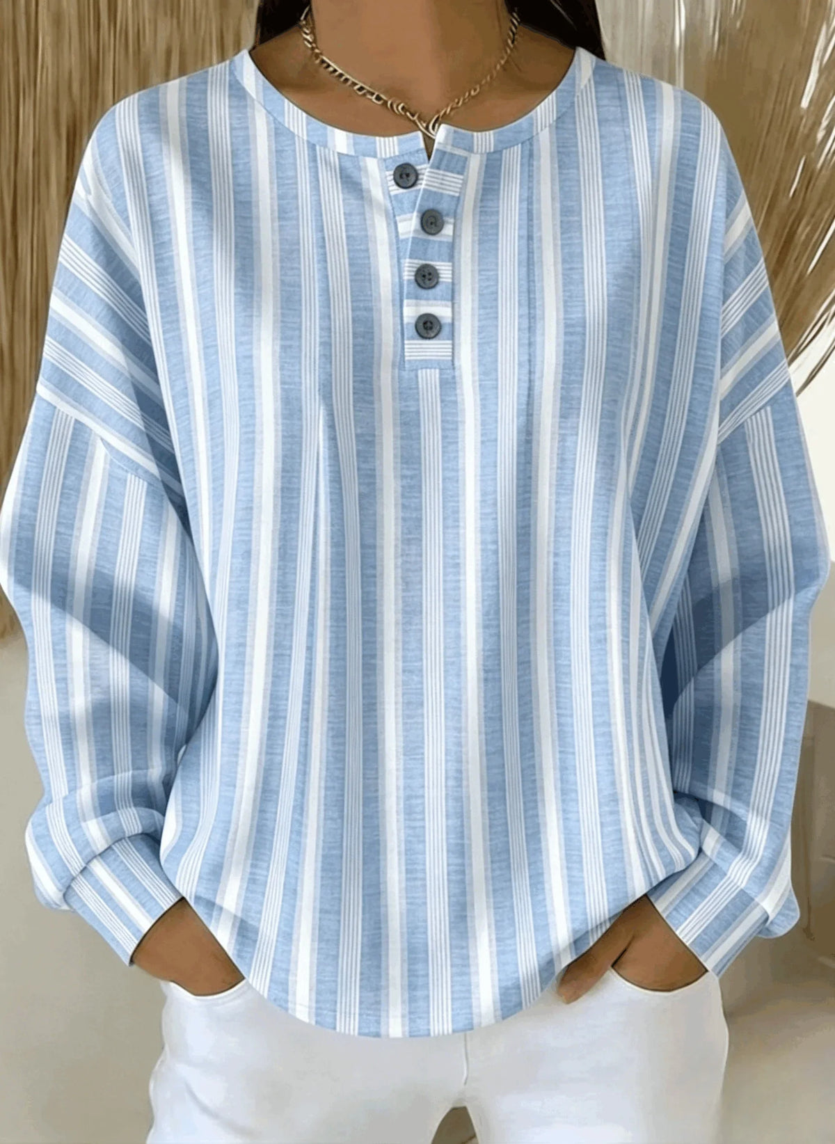 Sudadera casual de rayas con cuello henley y manga larga