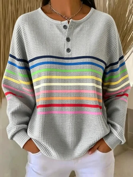 Top de rayas de tejido gofre con cuello henley y manga larga