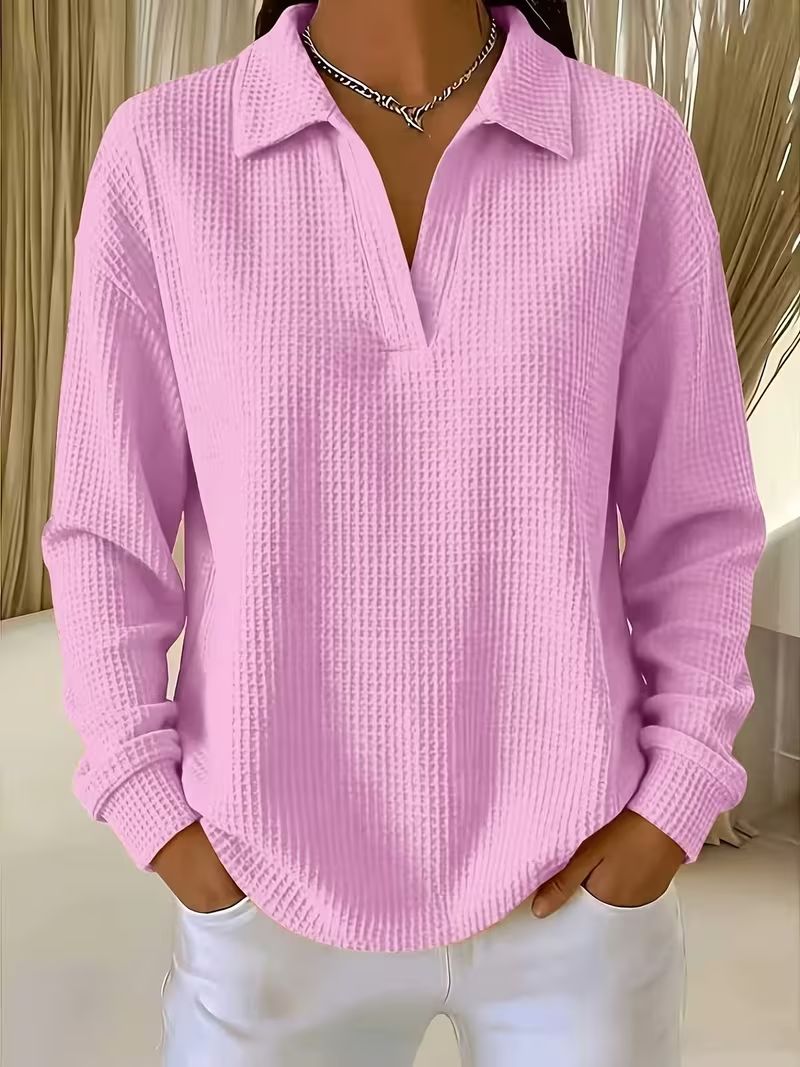 Top de tejido gofre con cuello chal y manga larga