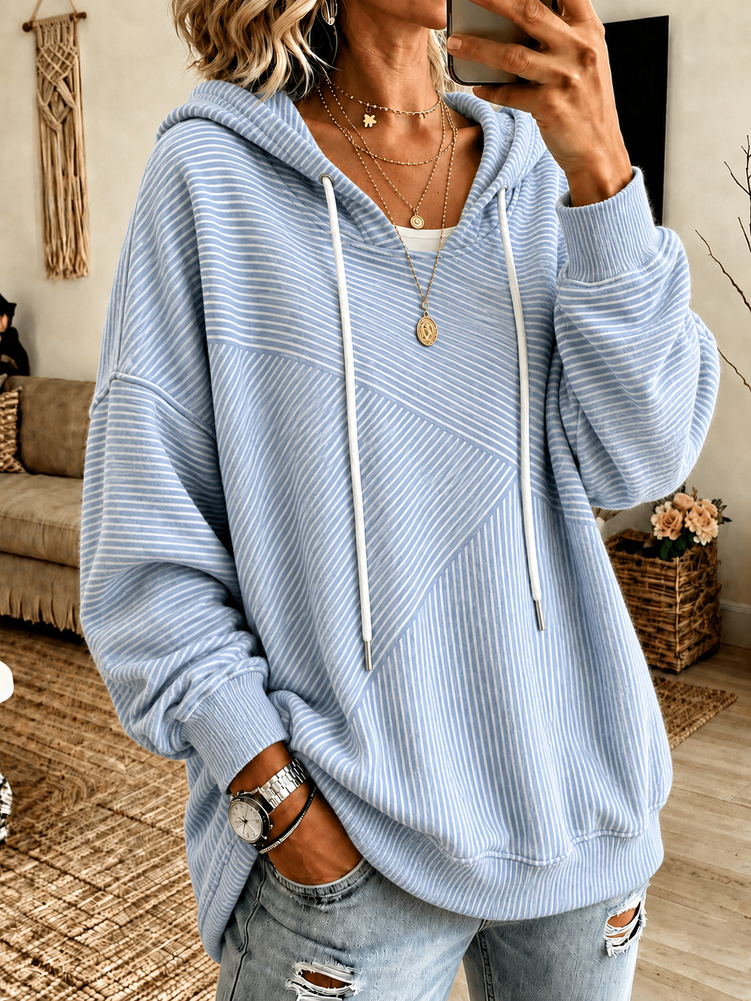 Sudadera con capucha casual de rayas con textura azul