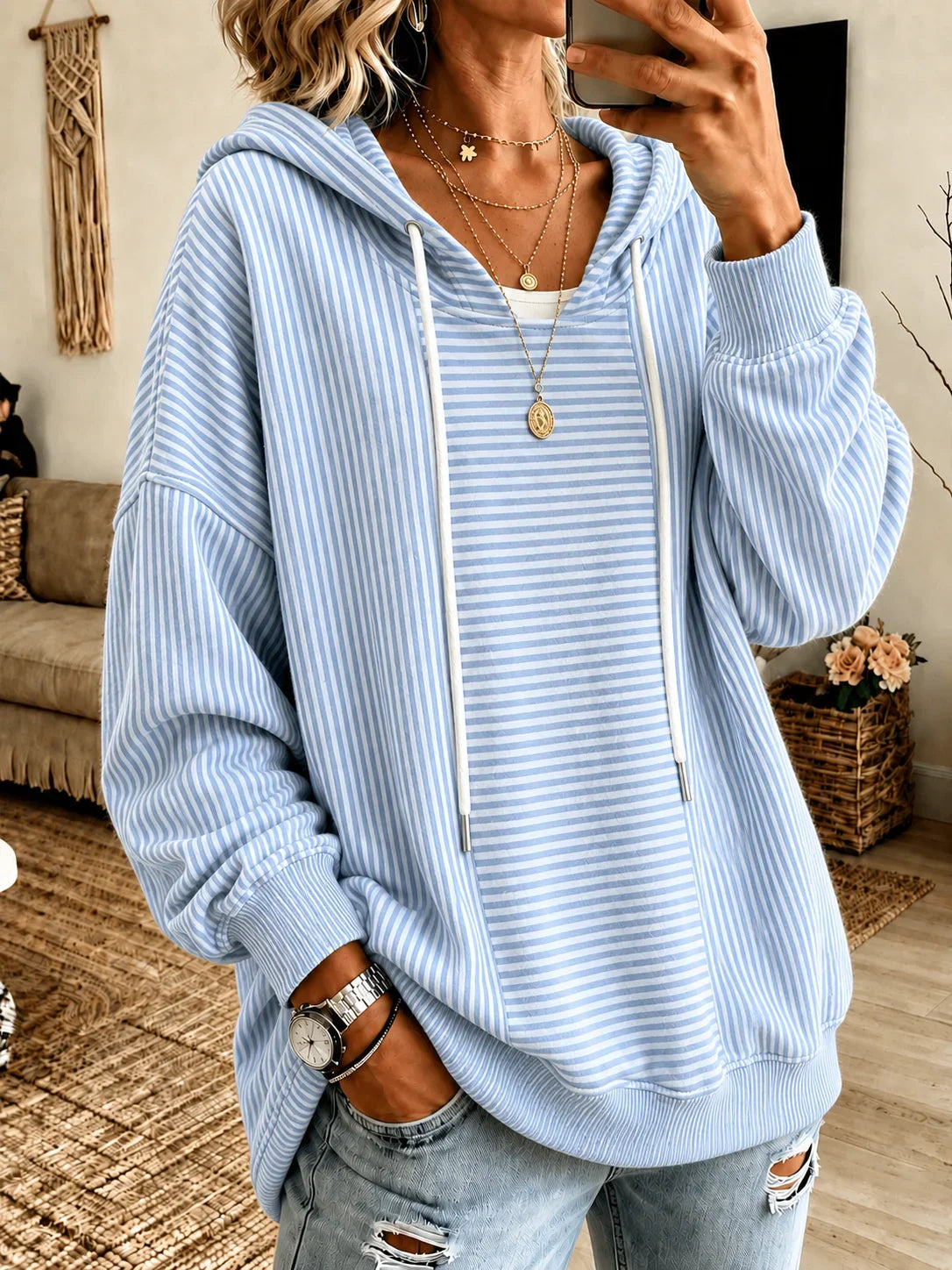 Sudadera con capucha casual holgada de rayas azul