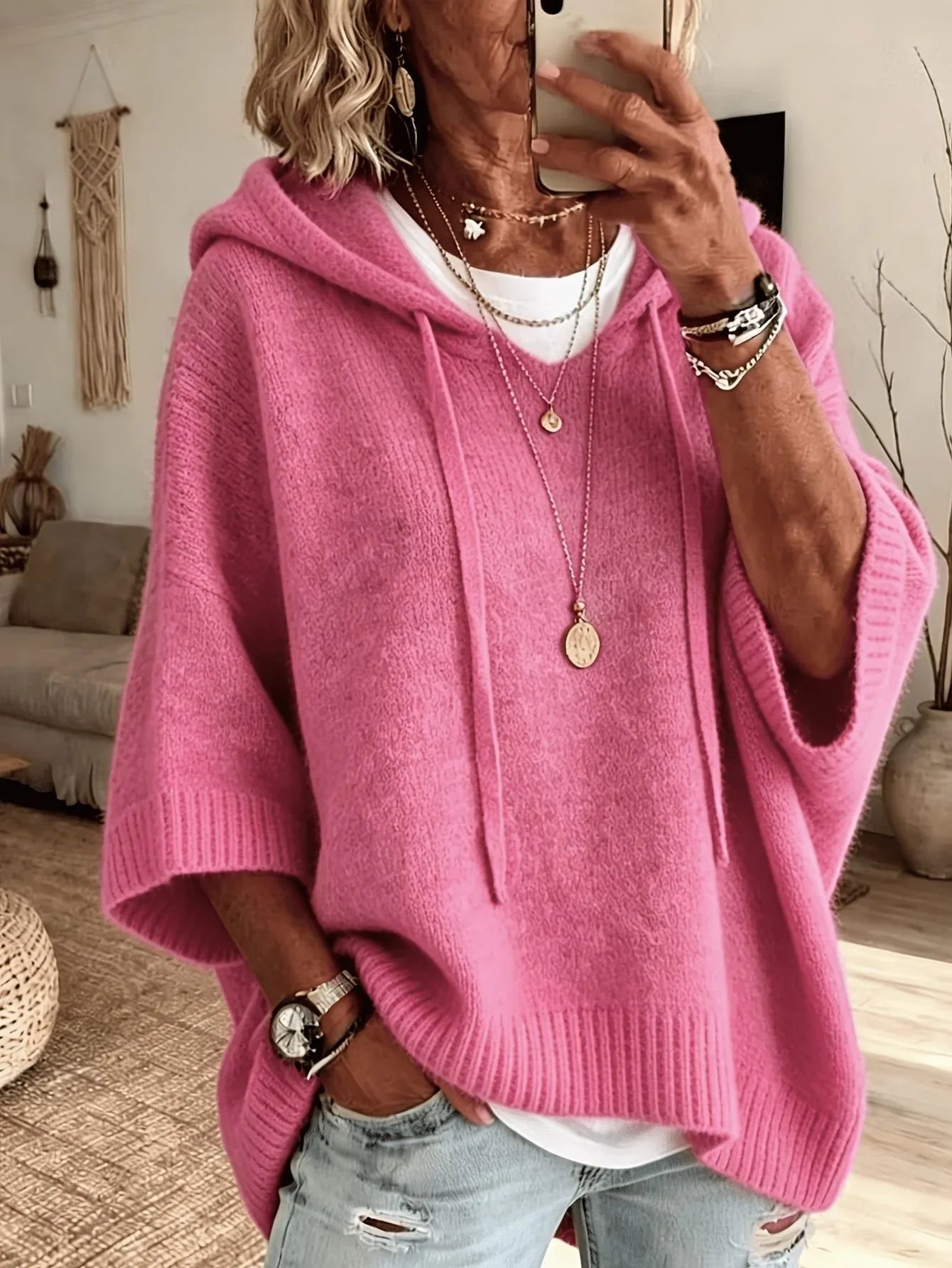 Jersey holgado liso de punto rosa con capucha y manga francesa