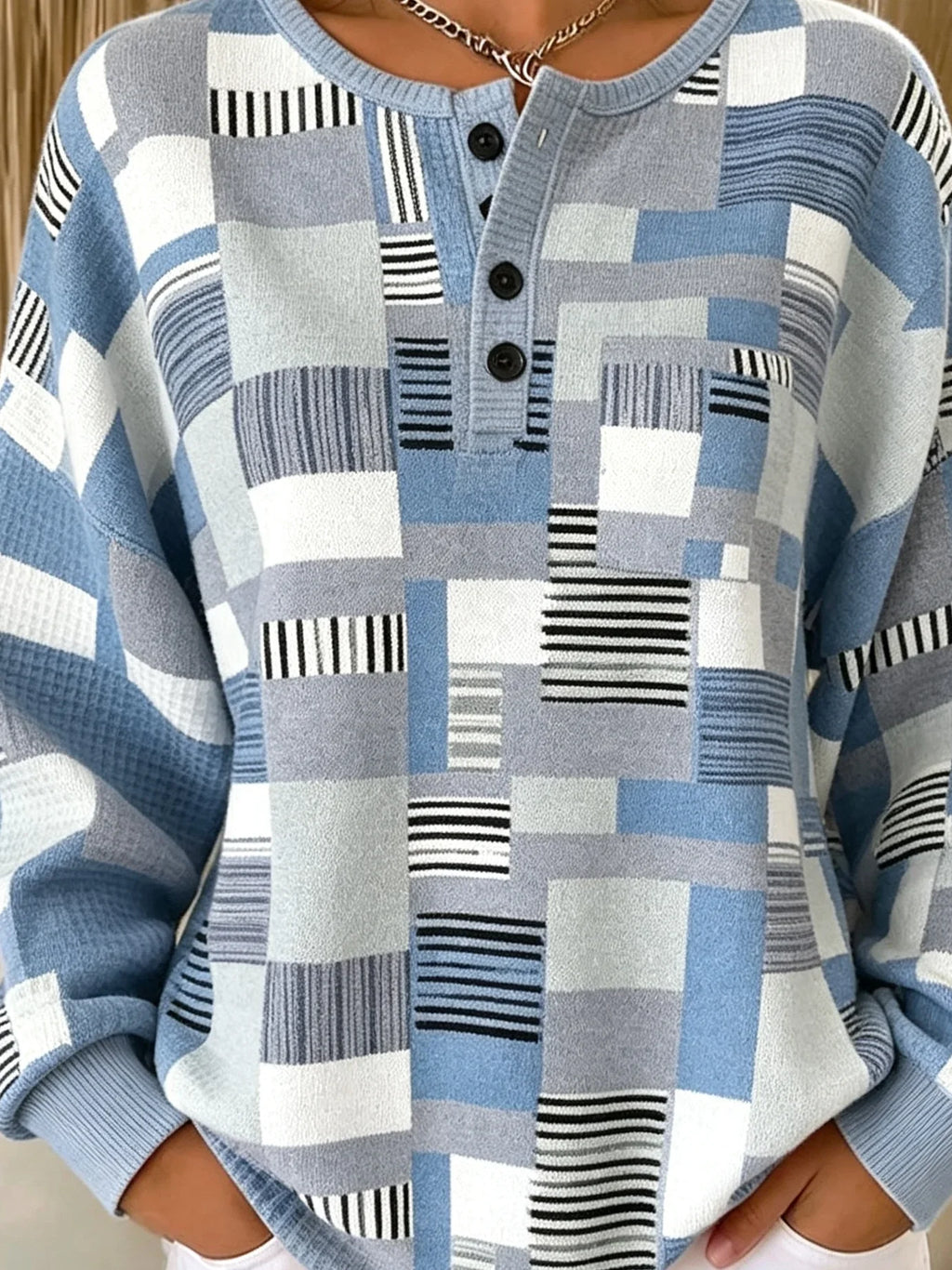 Sudadera casual geométrica con cuello henley y manga larga — foto 2