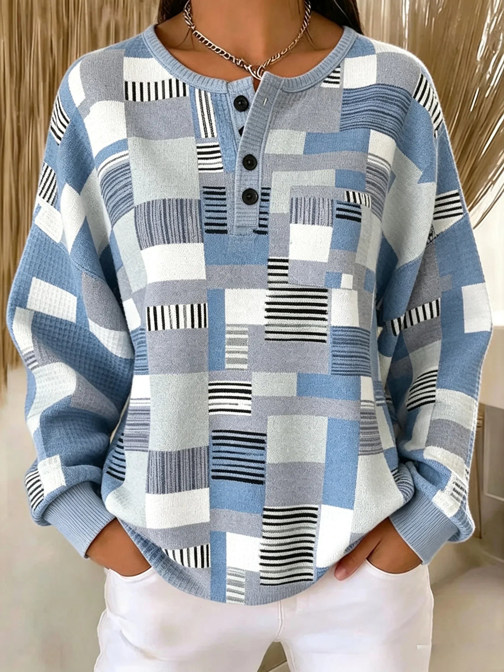 Sudadera casual geométrica con cuello henley y manga larga