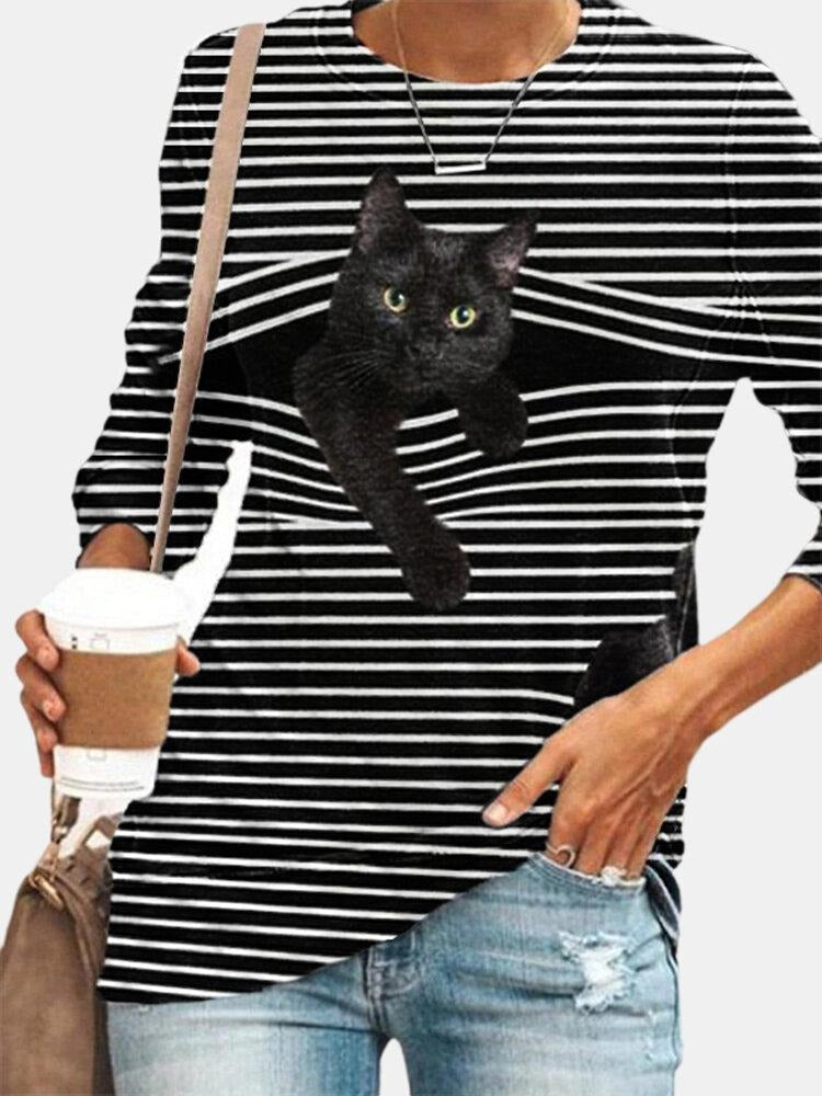 Camisa de rayas con cuello redondo y manga larga