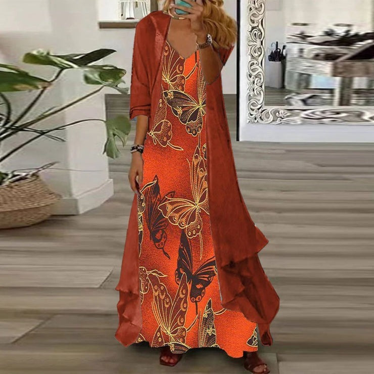 Vestido largo de dos piezas de mariposas naranja