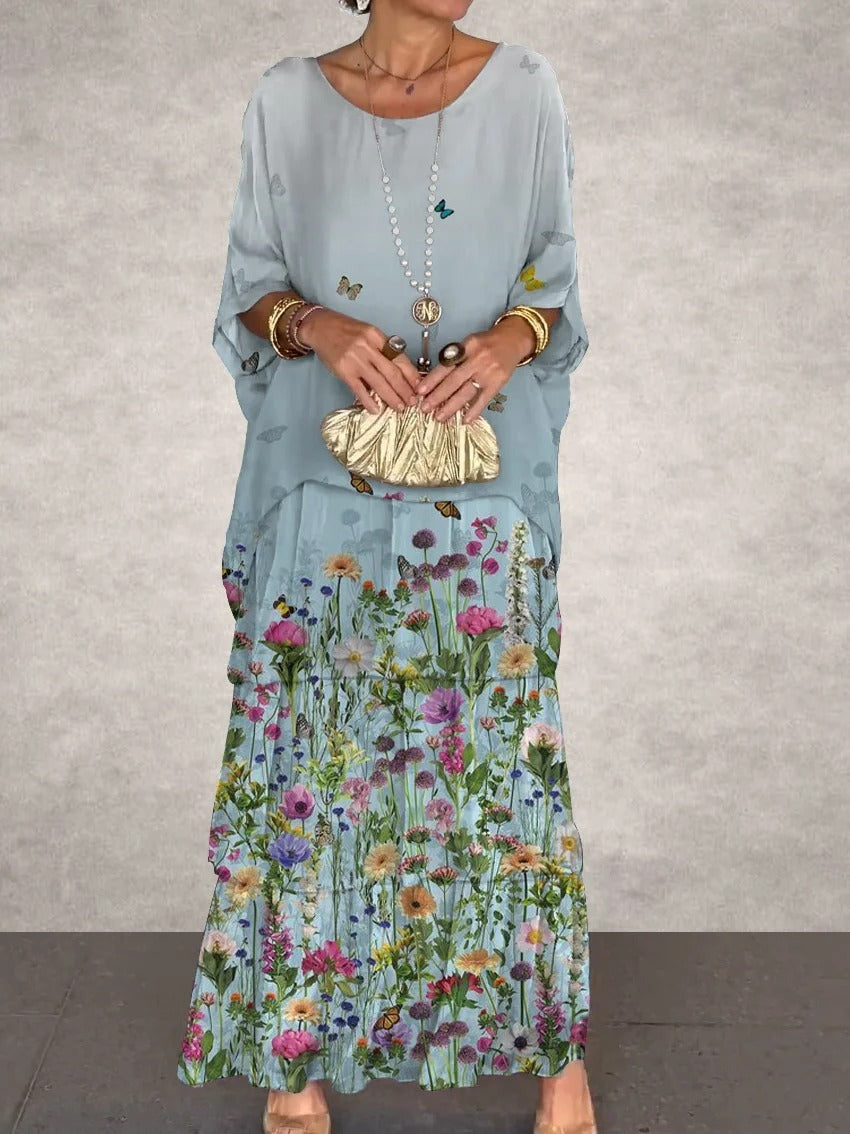 Vestido elegante largo de flores de gasa con manga larga