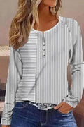 Camisa casual de rayas con escote en pico, manga larga y botones