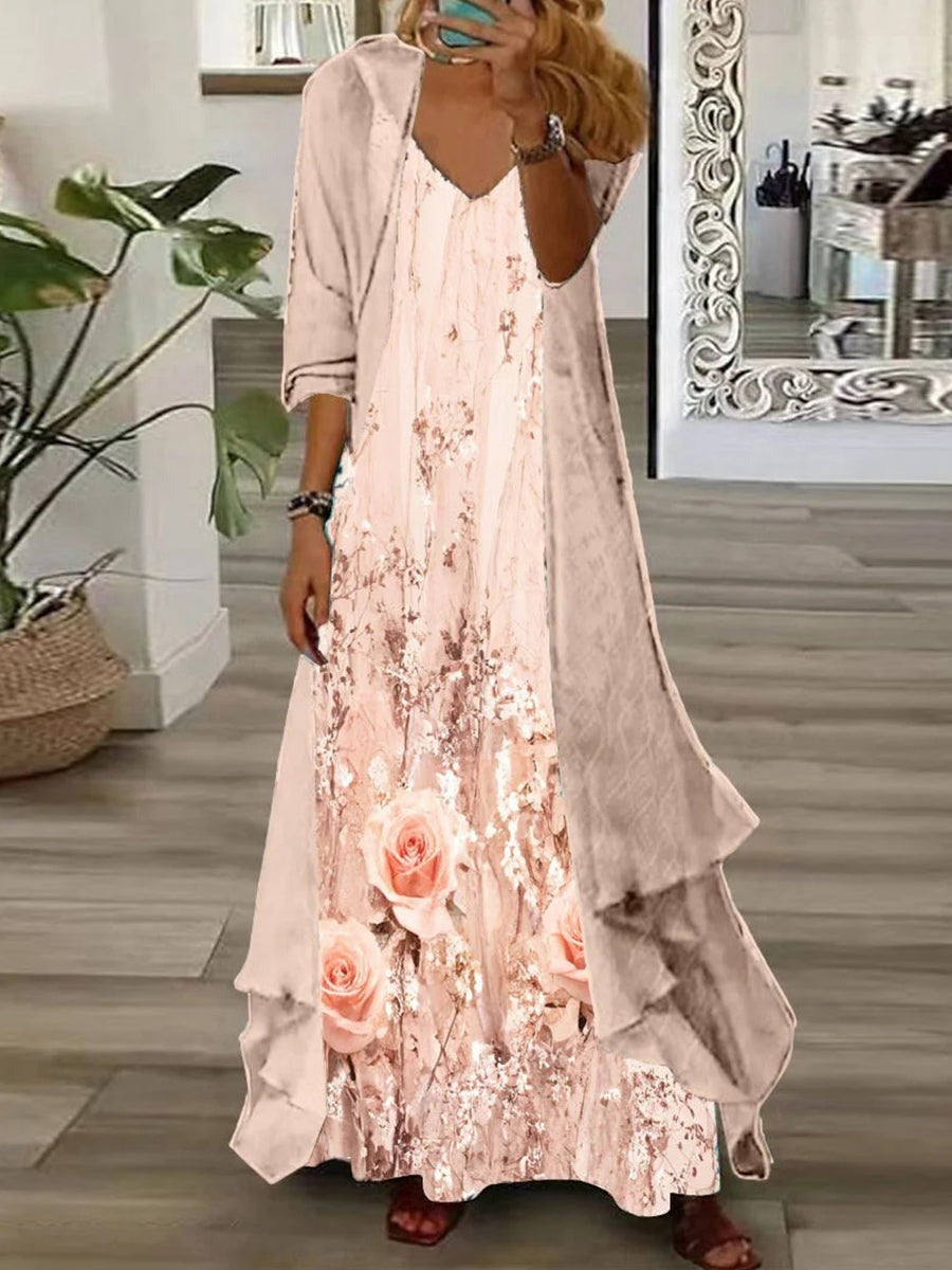 Vestido largo de flores con escote en pico y manga larga · Petra