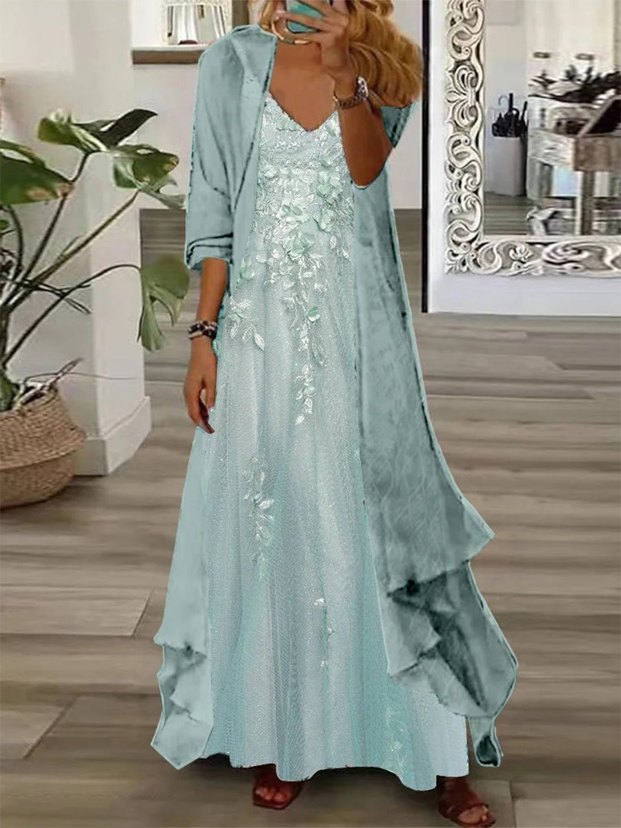 Vestido largo de flores con escote en pico y manga larga