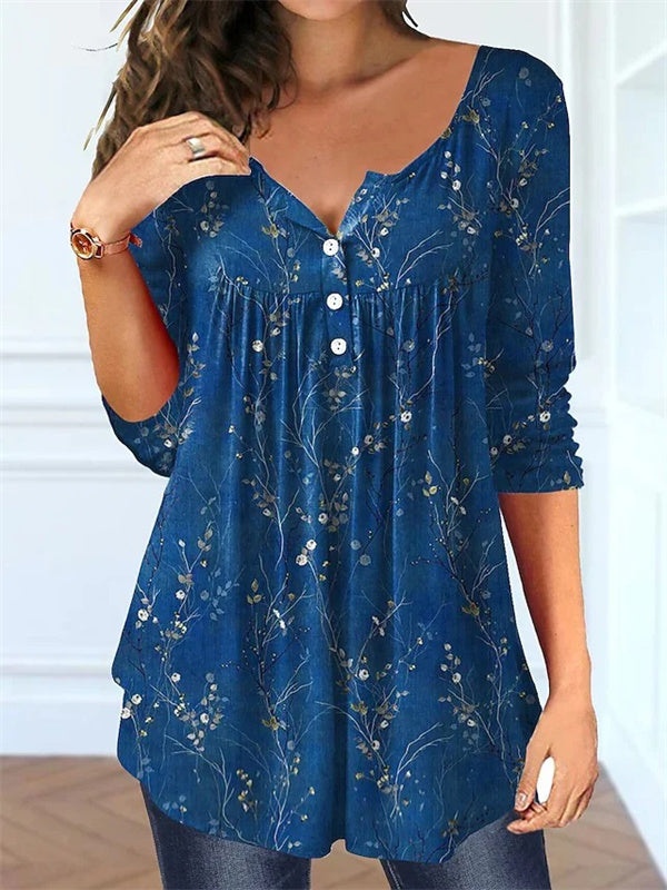 Blusa de flores con cuello redondo y manga larga