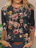 Camisa casual étnica con cuello redondo y manga tres cuartos