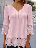 Blusa holgada lisa de encaje con escote en pico y manga tres cuartos