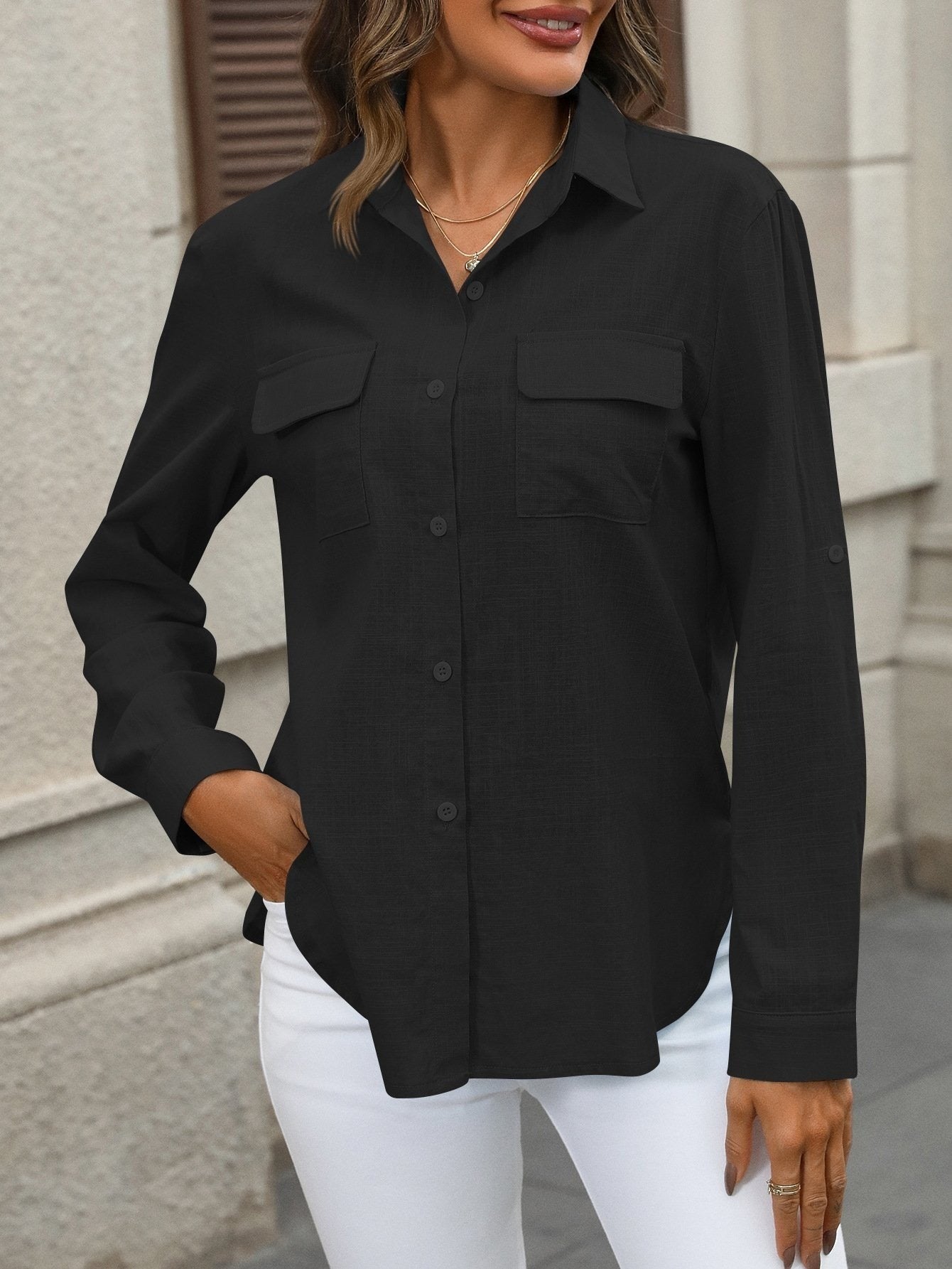 Blusa casual bordada de algodón con manga larga