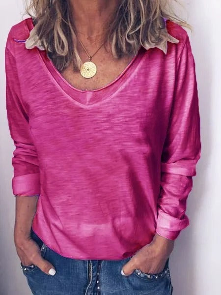 Blusa básica lisa con cuello redondo y manga larga
