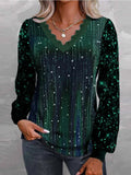 Blusa vintage holgada de lentejuelas con escote en pico y manga larga
