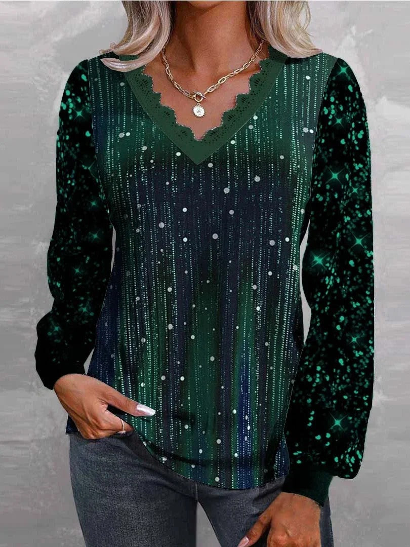 Blusa vintage holgada de lentejuelas con escote en pico y manga larga