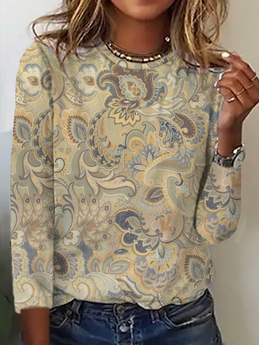 Blusa casual holgada de cachemir con cuello redondo y manga larga
