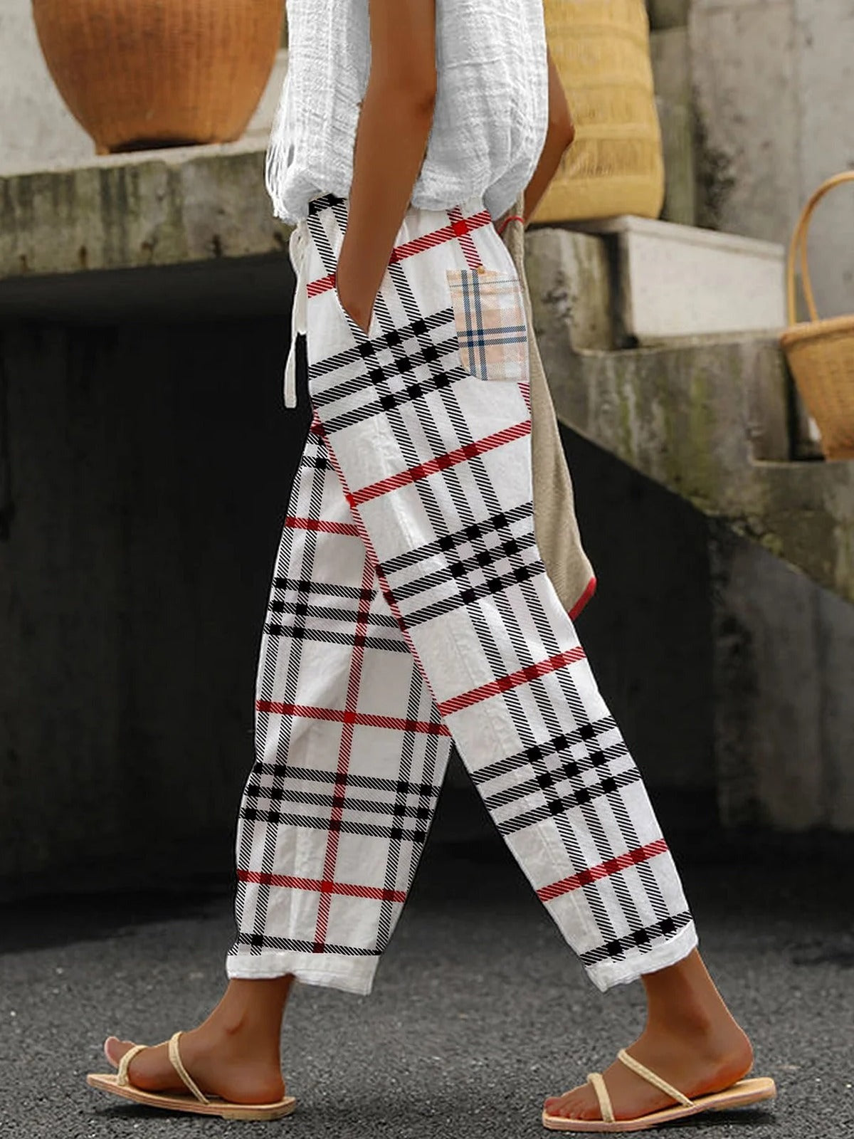 Pantalón casual tipo harén de cuadros de algodón