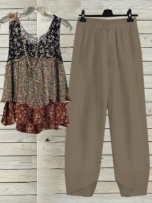 Conjunto de dos piezas holgado de flores con cuello redondo, sin mangas