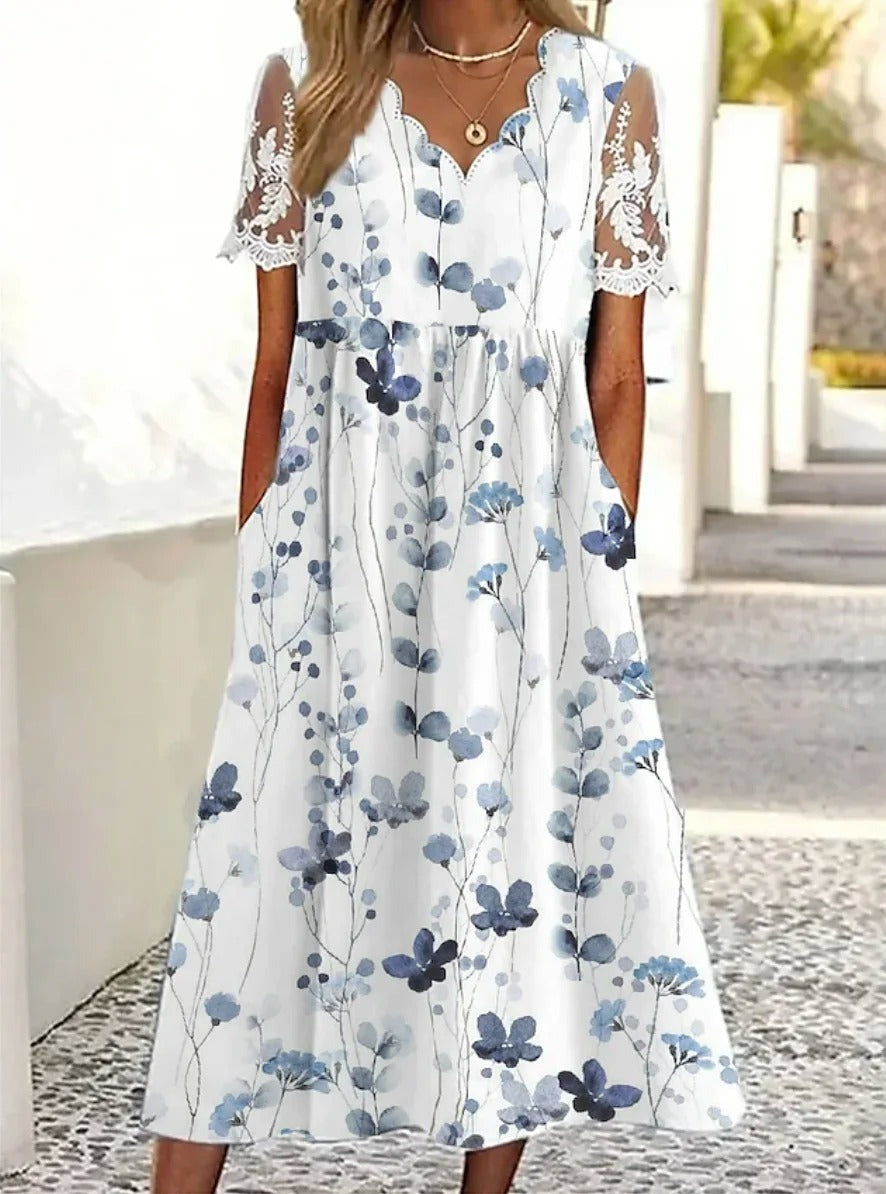 Vestido largo de flores de encaje con cuello camisero y manga corta