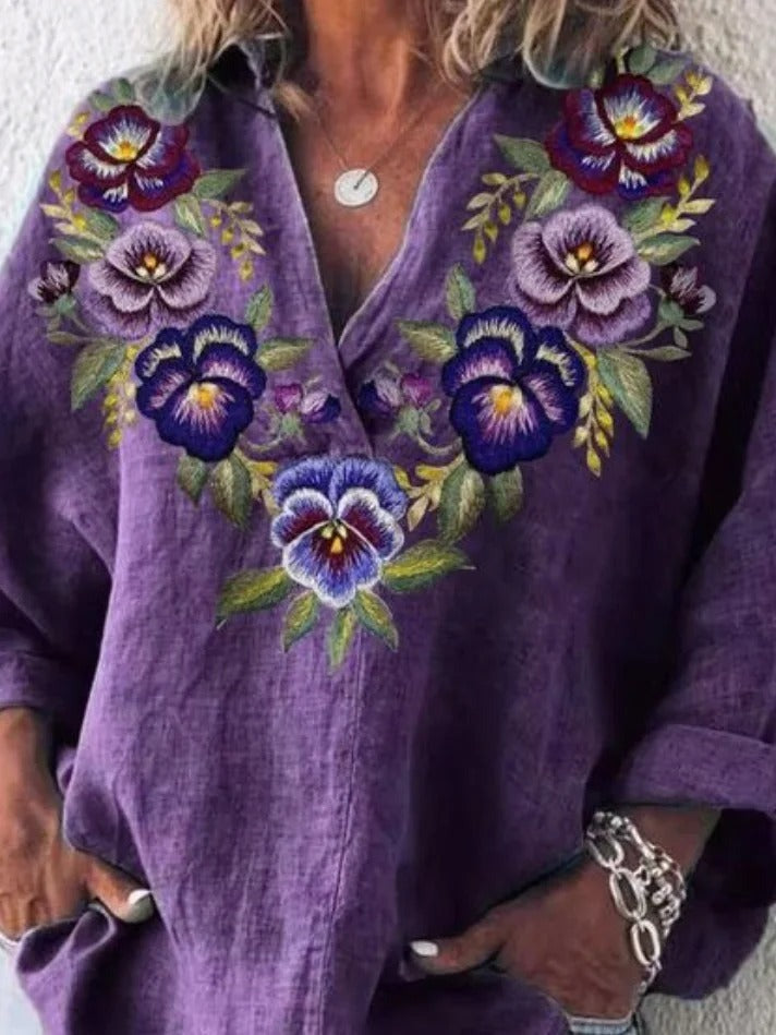Blusa holgada de flores con escote en pico y manga larga — foto 3