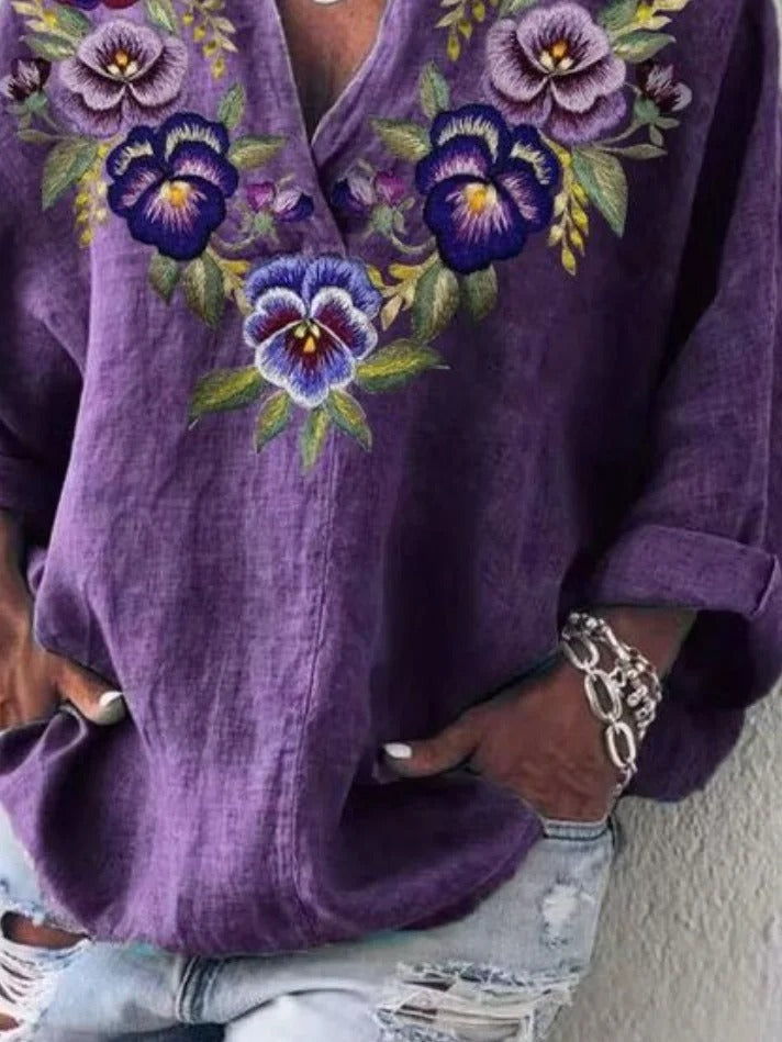 Blusa holgada de flores con escote en pico y manga larga — foto 2