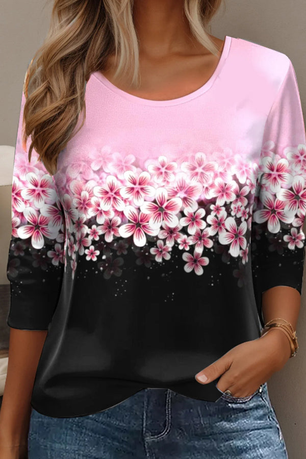 Camisa moderna de flores con cuello redondo y manga larga