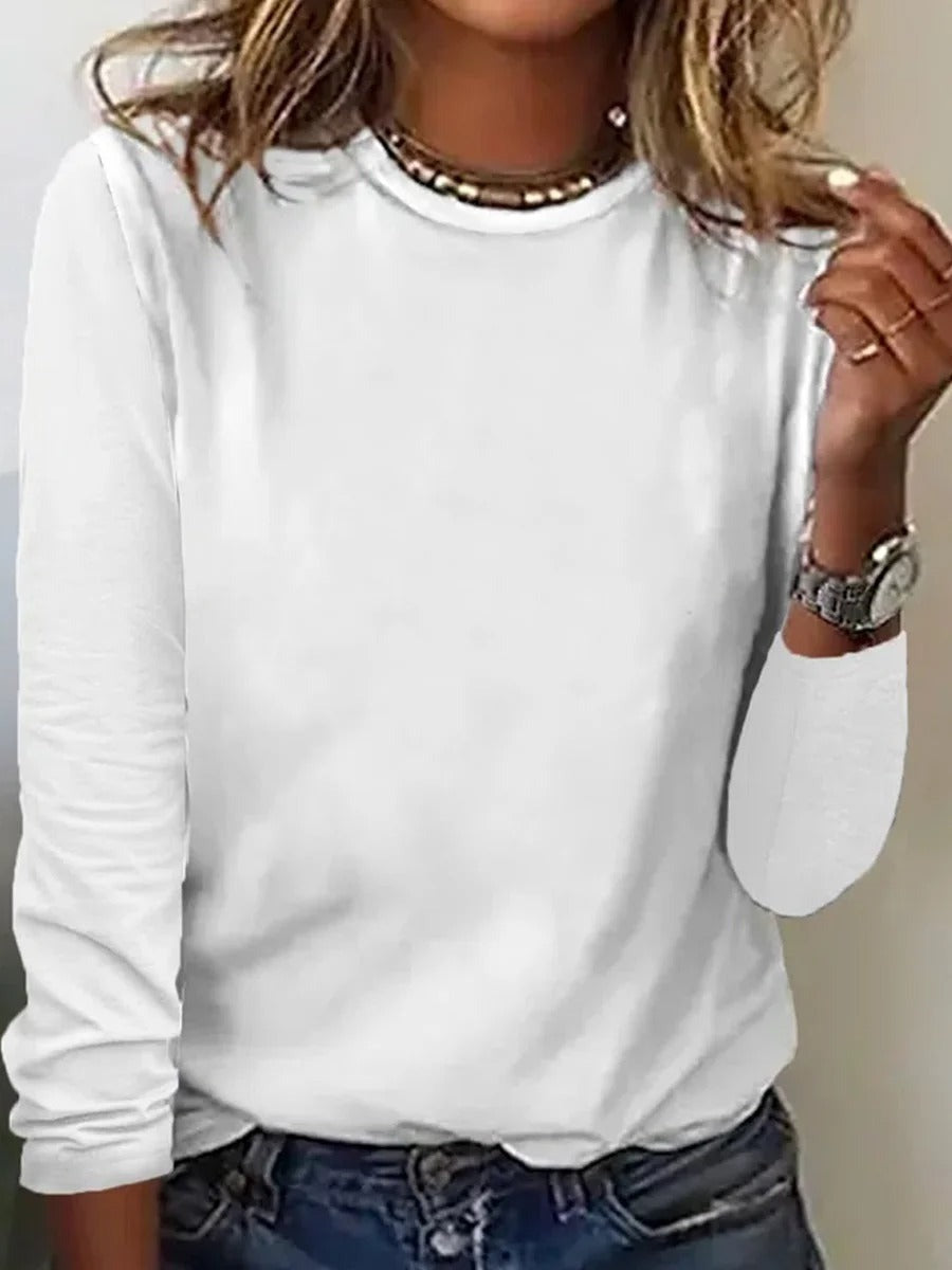Blusa lisa de mezcla de algodón con cuello redondo y manga larga