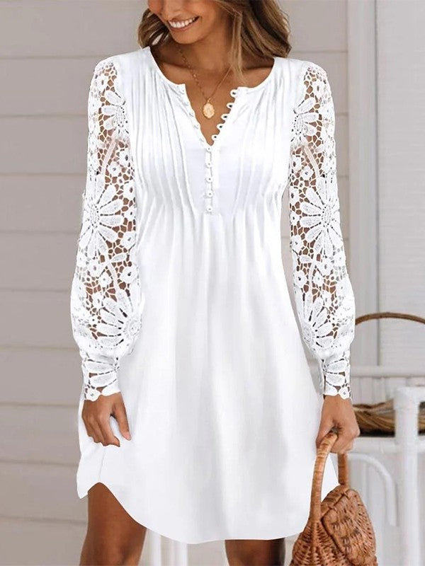 Vestido midi liso de malla con escote en pico y manga tres cuartos
