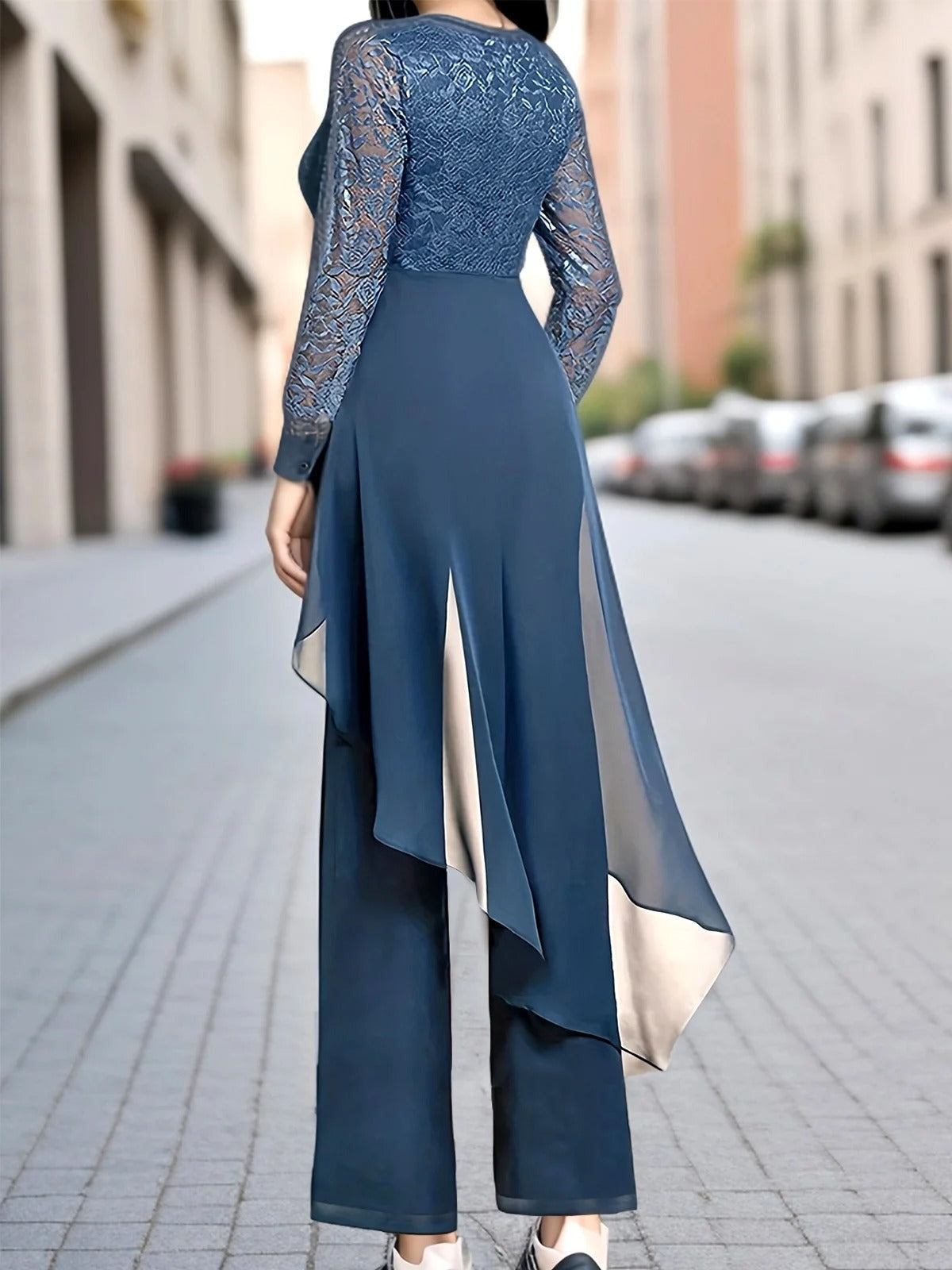 Conjunto elegante de dos piezas liso de gasa con manga francesa