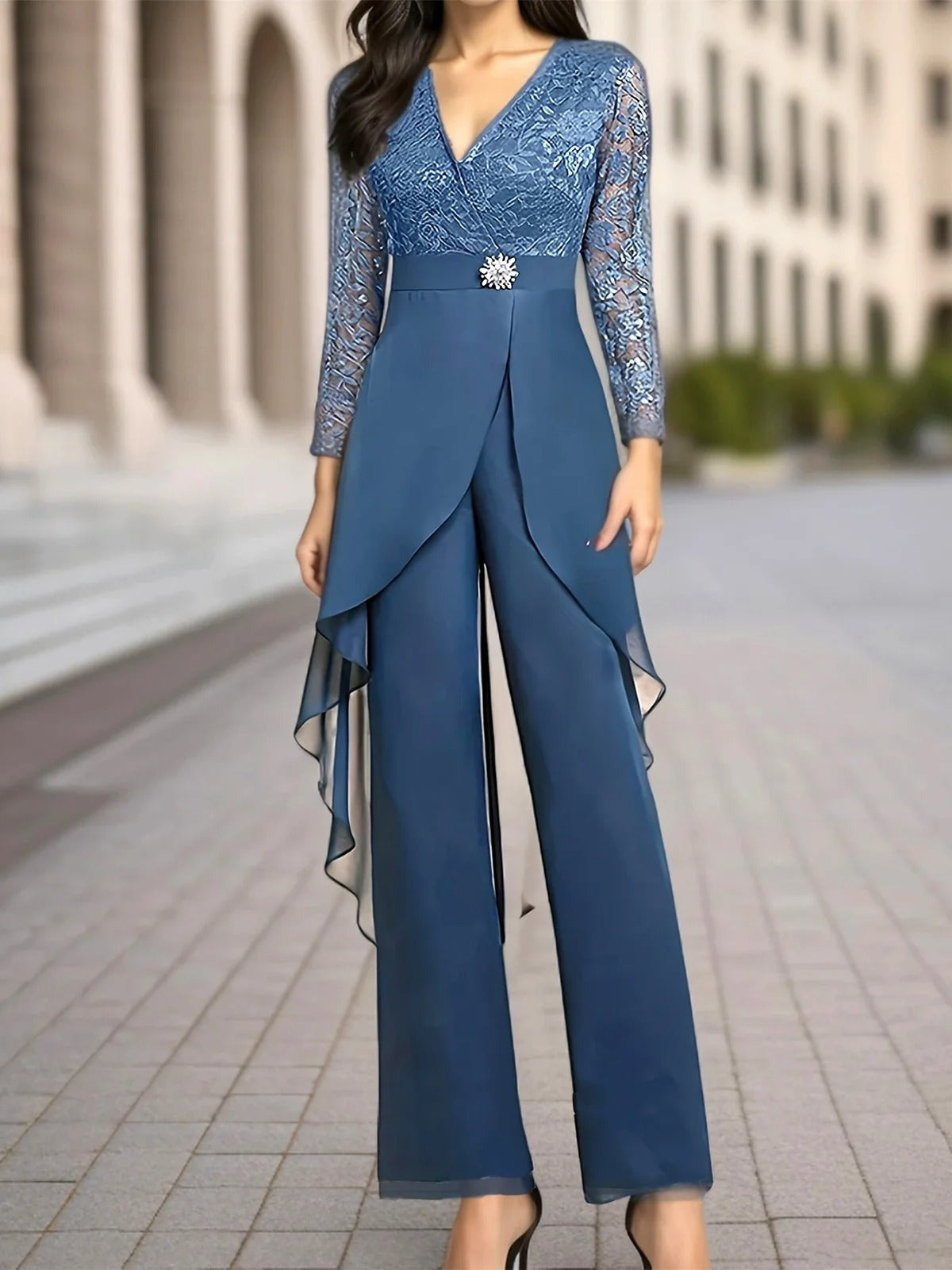 Conjunto elegante de dos piezas liso de gasa con manga francesa