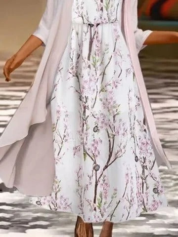 Vestido casual largo de dos piezas de flores tejido con manga corta