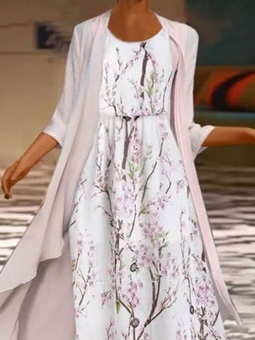 Vestido casual largo de dos piezas de flores tejido con manga corta