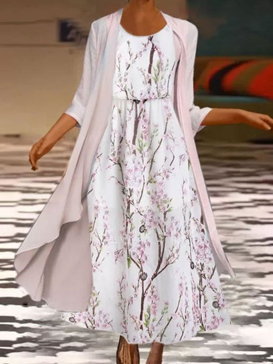 Vestido casual largo de dos piezas de flores tejido con manga corta