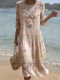 Vestido midi de flores de encaje rosa con cuello redondo