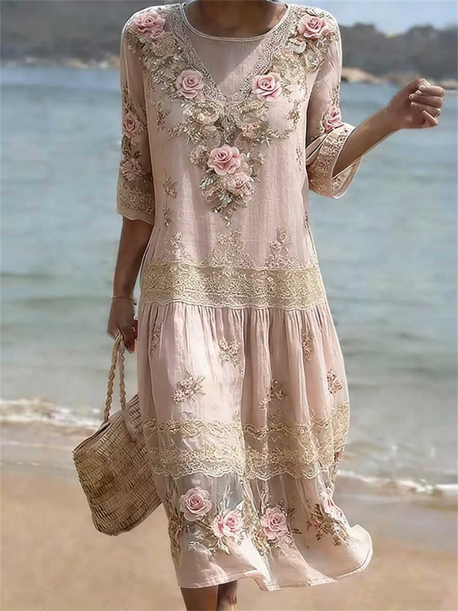 Vestido midi de flores de encaje rosa con cuello redondo
