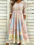 Vestido midi de patchwork de encaje rosa con escote en pico