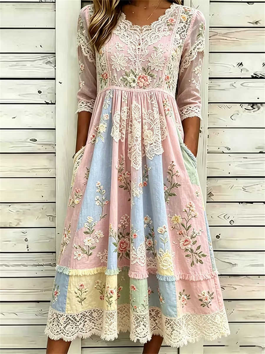 Vestido midi de patchwork de encaje rosa con escote en pico