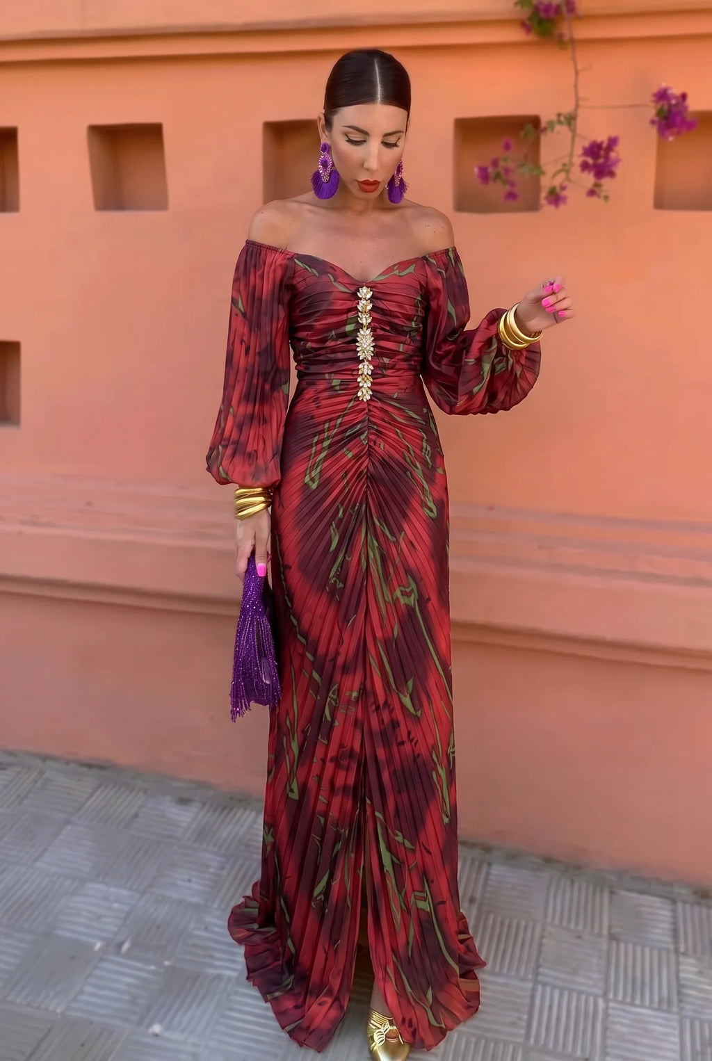 Coleta Vestido Maxi Estampado con Fruncido Central