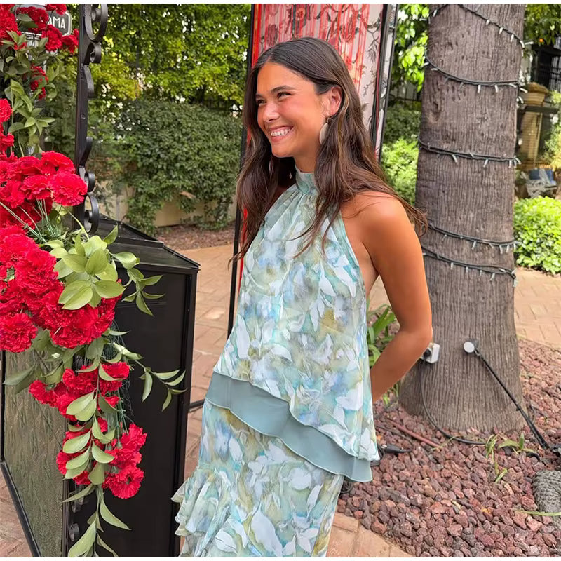 Elora Vestido Maxi Floral con Cuello Halter y Volantes