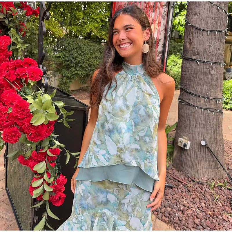 Elora Vestido Maxi Floral con Cuello Halter y Volantes
