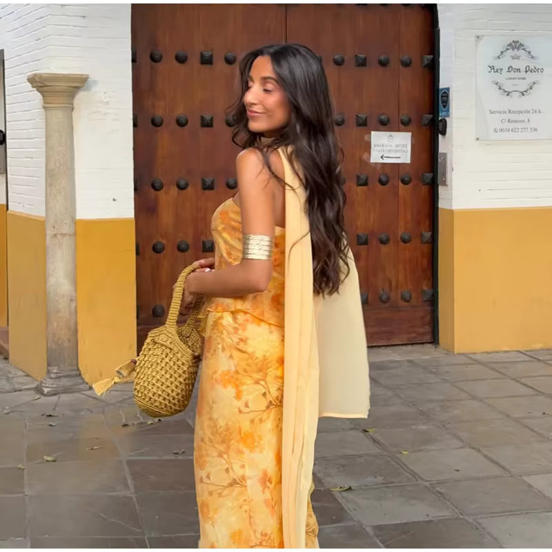 Amelia Vestido Maxi Floral con Escote Palabra de Honor