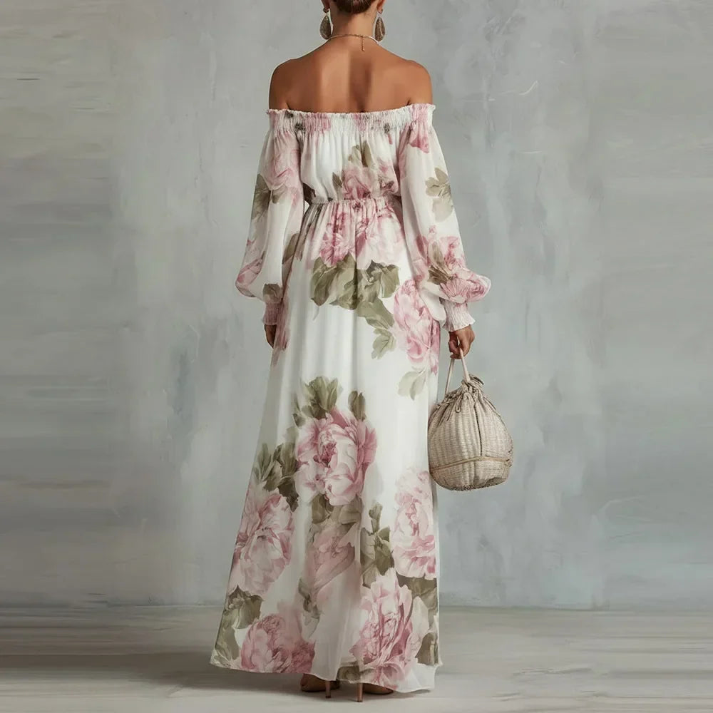 Pivoine Vestido Maxi Floral con Hombros Descubiertos y Mangas Largas