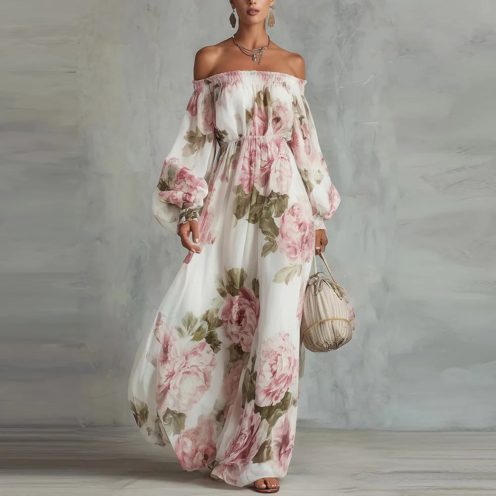 Pivoine Vestido Maxi Floral con Hombros Descubiertos y Mangas Largas